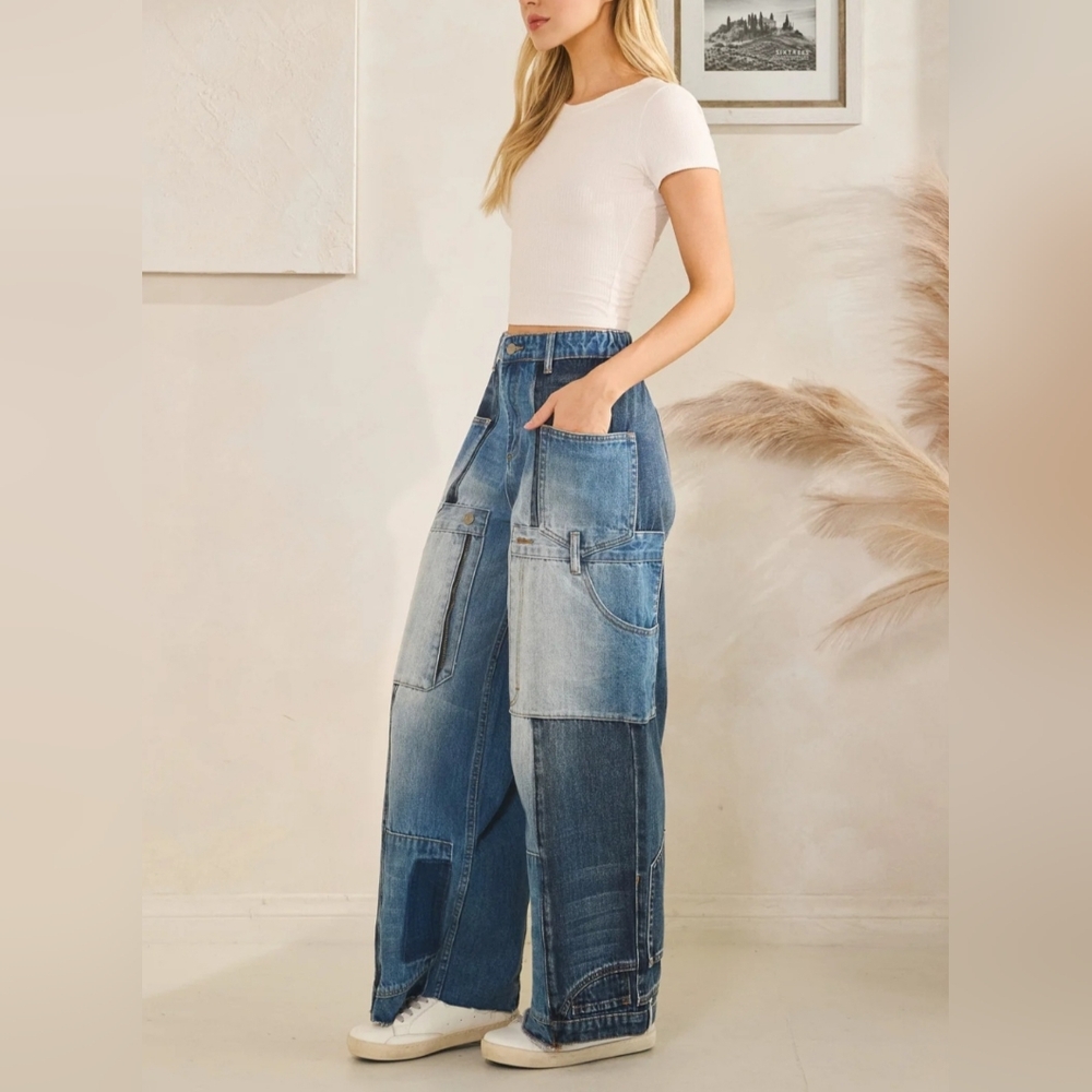 Oli & Hali Upside-Down Wide-Leg Jeans in Light & Dark Blue size Large - Picture 6 of 12